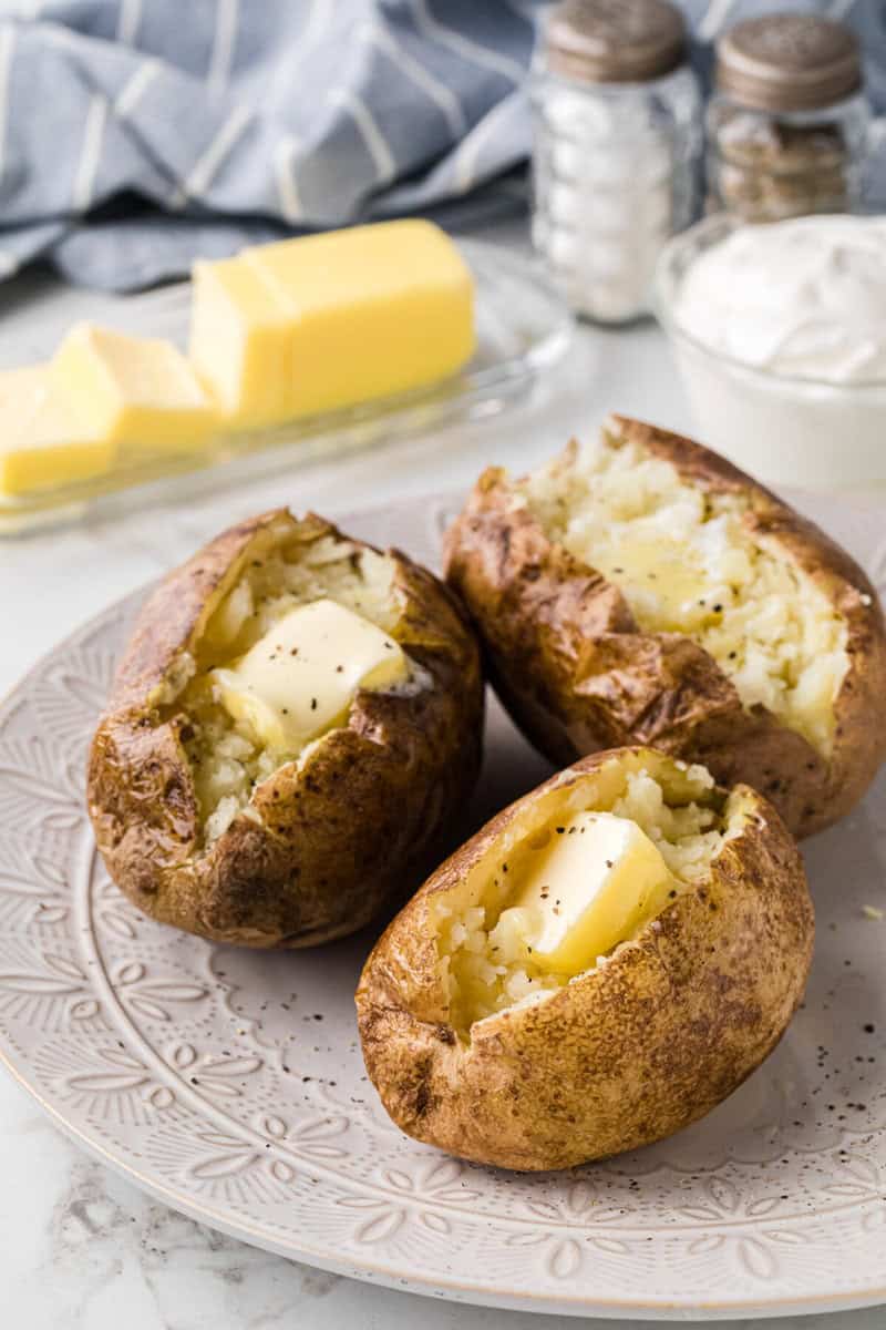 closeup of the microwave baked potatoes.