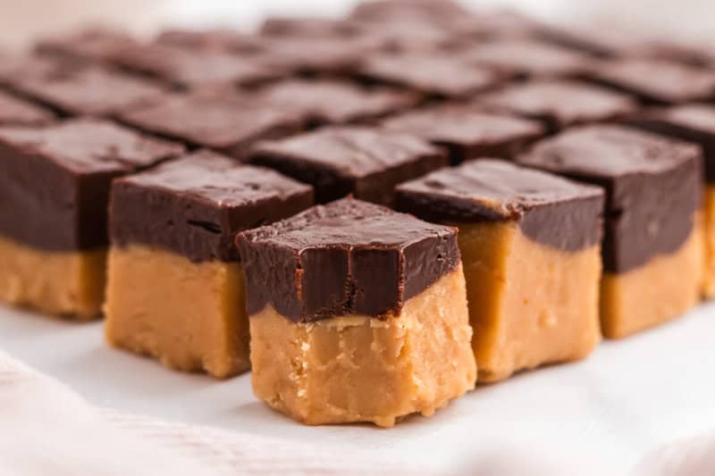 closeup of the pieces of the Peanut Butter and Chocolate Fudge.