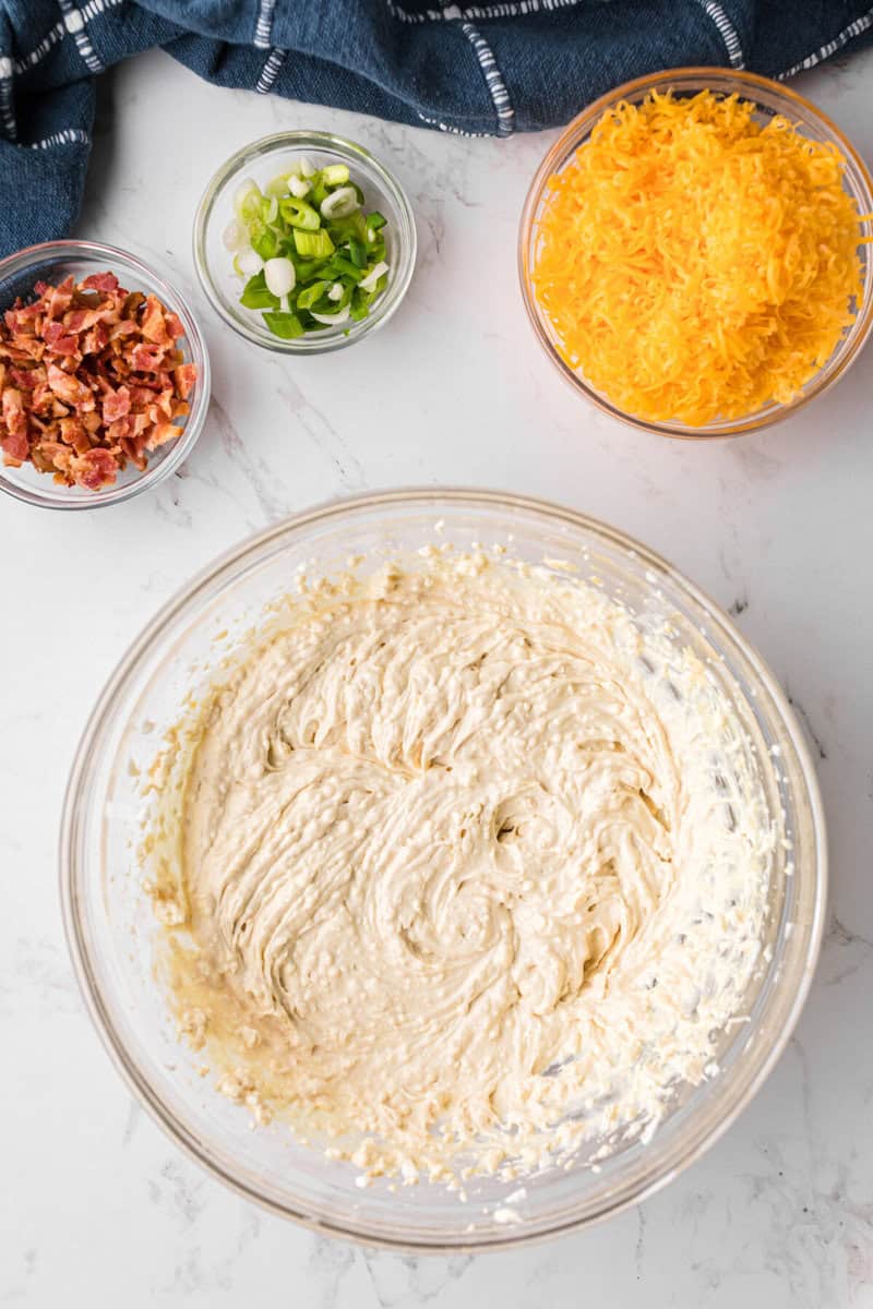 mixing together the mayo, cream cheese, Worcestershire and horseradish in a large bowl.