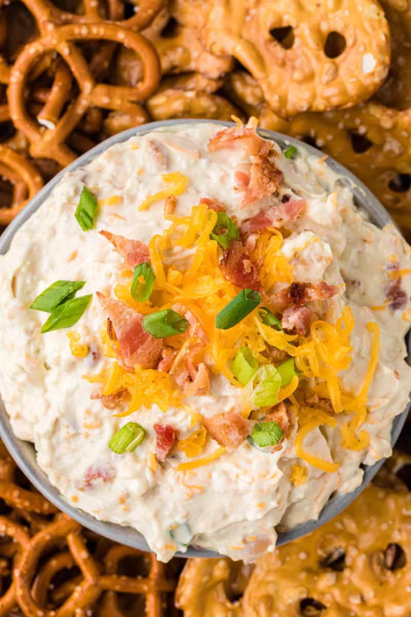 closeup top-down view of the pretzel dip.
