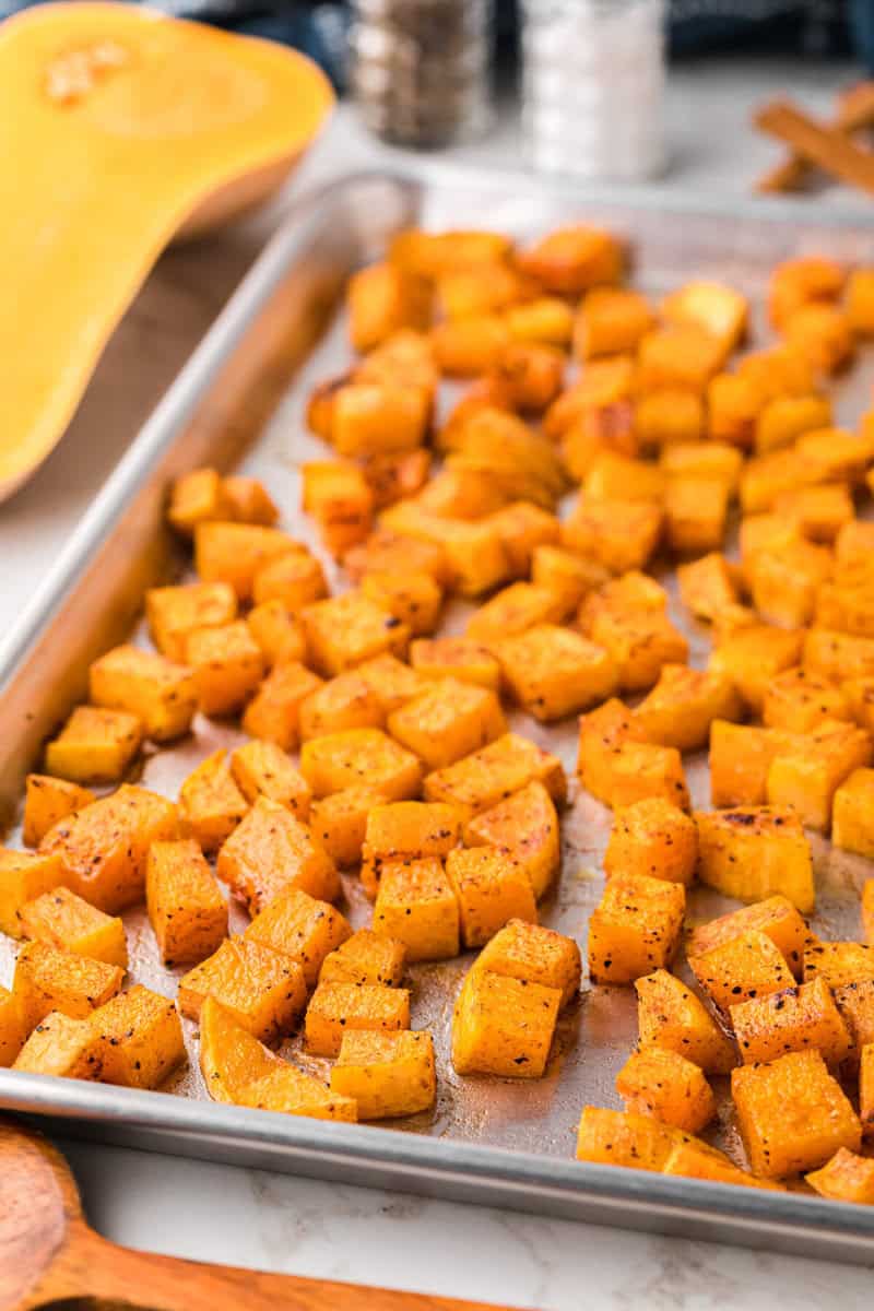 roasted butternut squash on baking sheet.