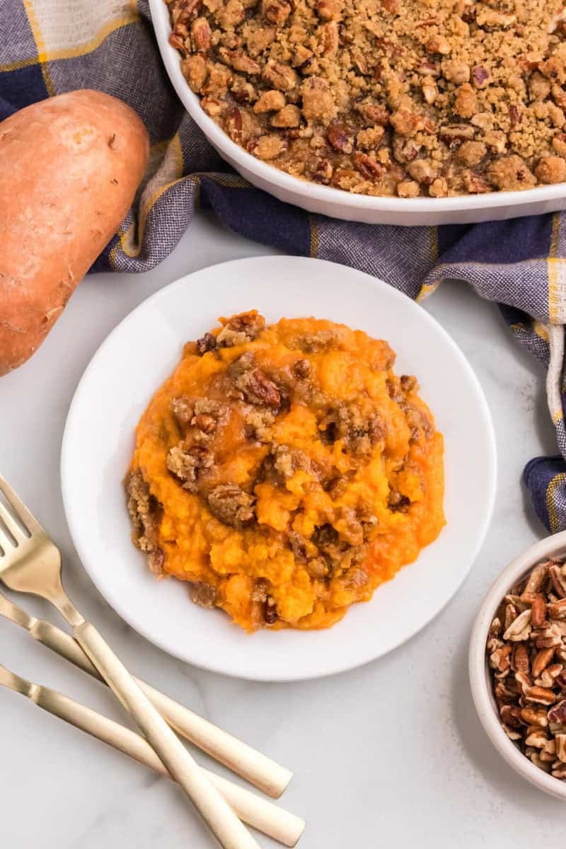 sweet potato casserole served on a white plate.