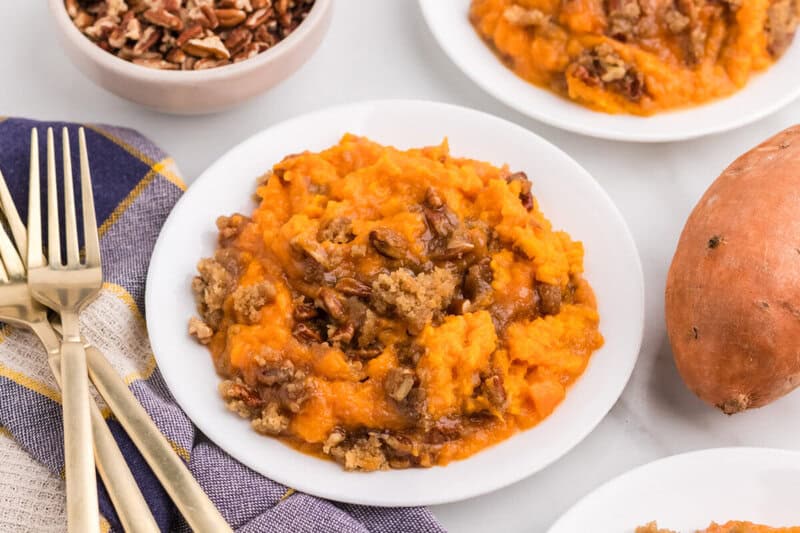 sweet potato casserole served on a white plate.