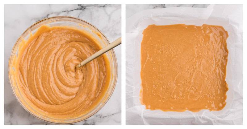 mixing and spreading the peanut butter fudge layer into the baking dish.