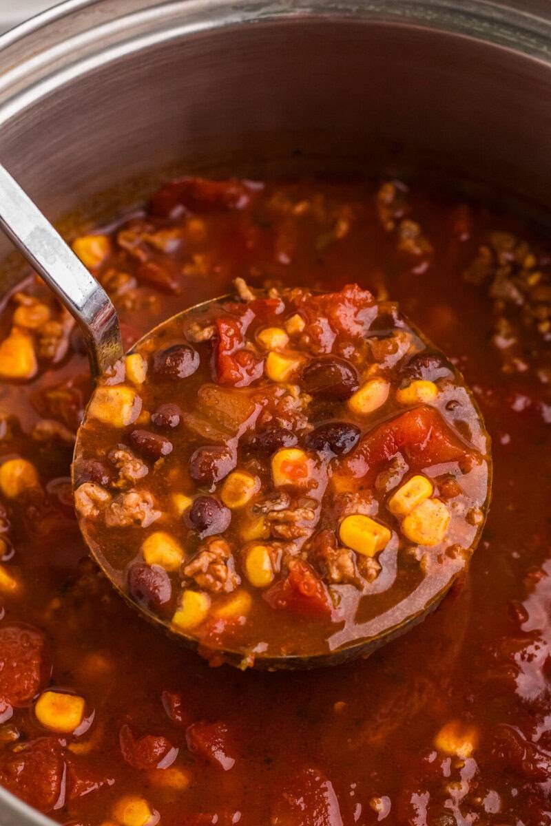 closeup of using a ladle to serve the Taco Soup.