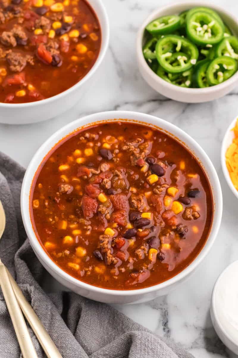 closeup of a bowl of the taco soup.