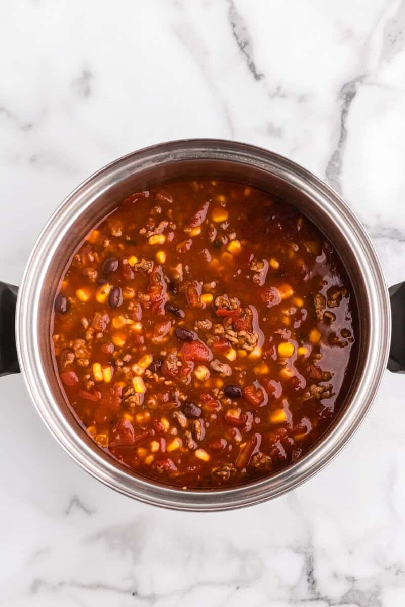 top-down view of the Taco Soup in the pot.