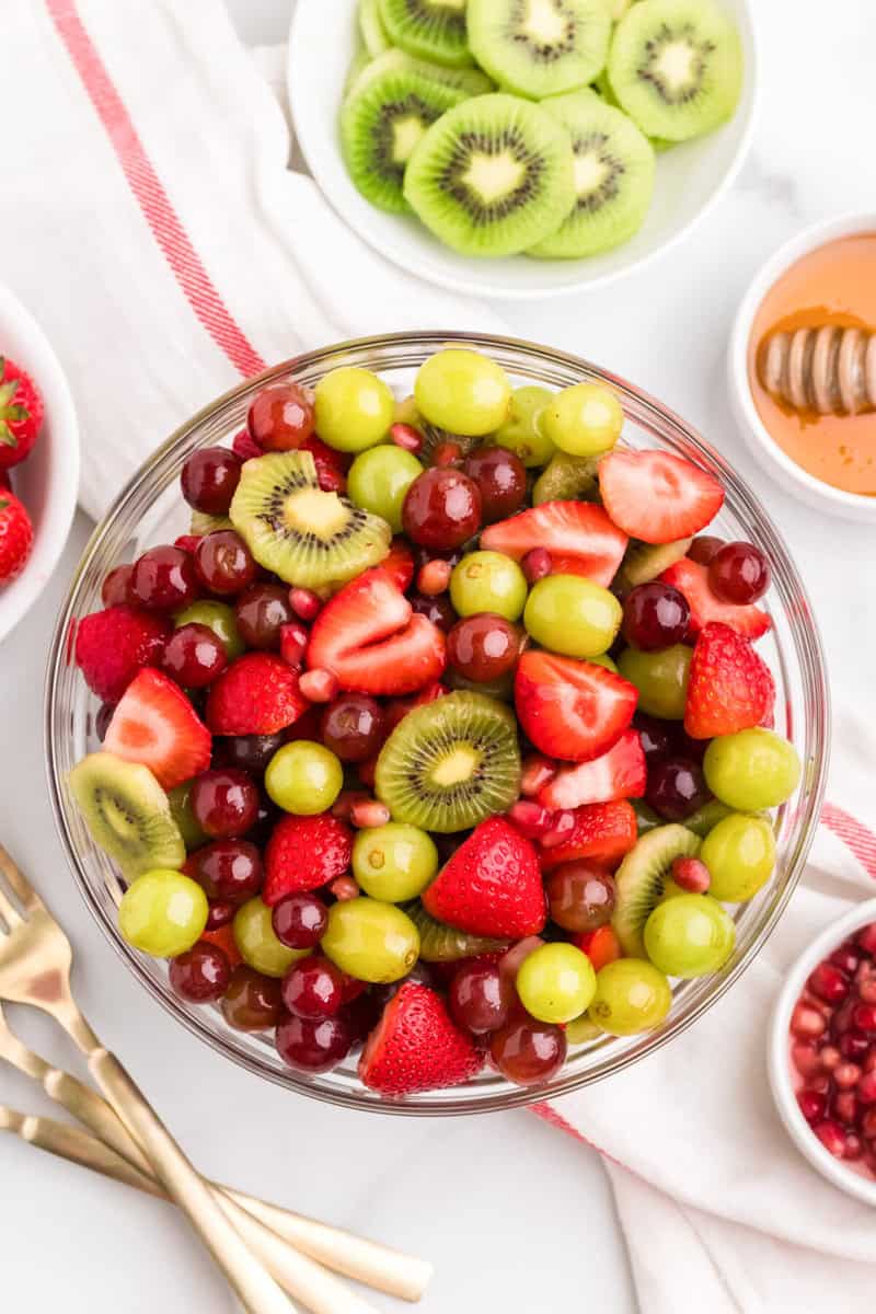 top-down view of the Christmas Fruit Salad in large glass bowl.