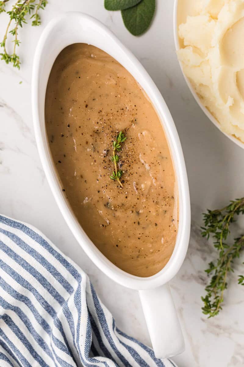 top-down view of the gravy in a gravy boat.