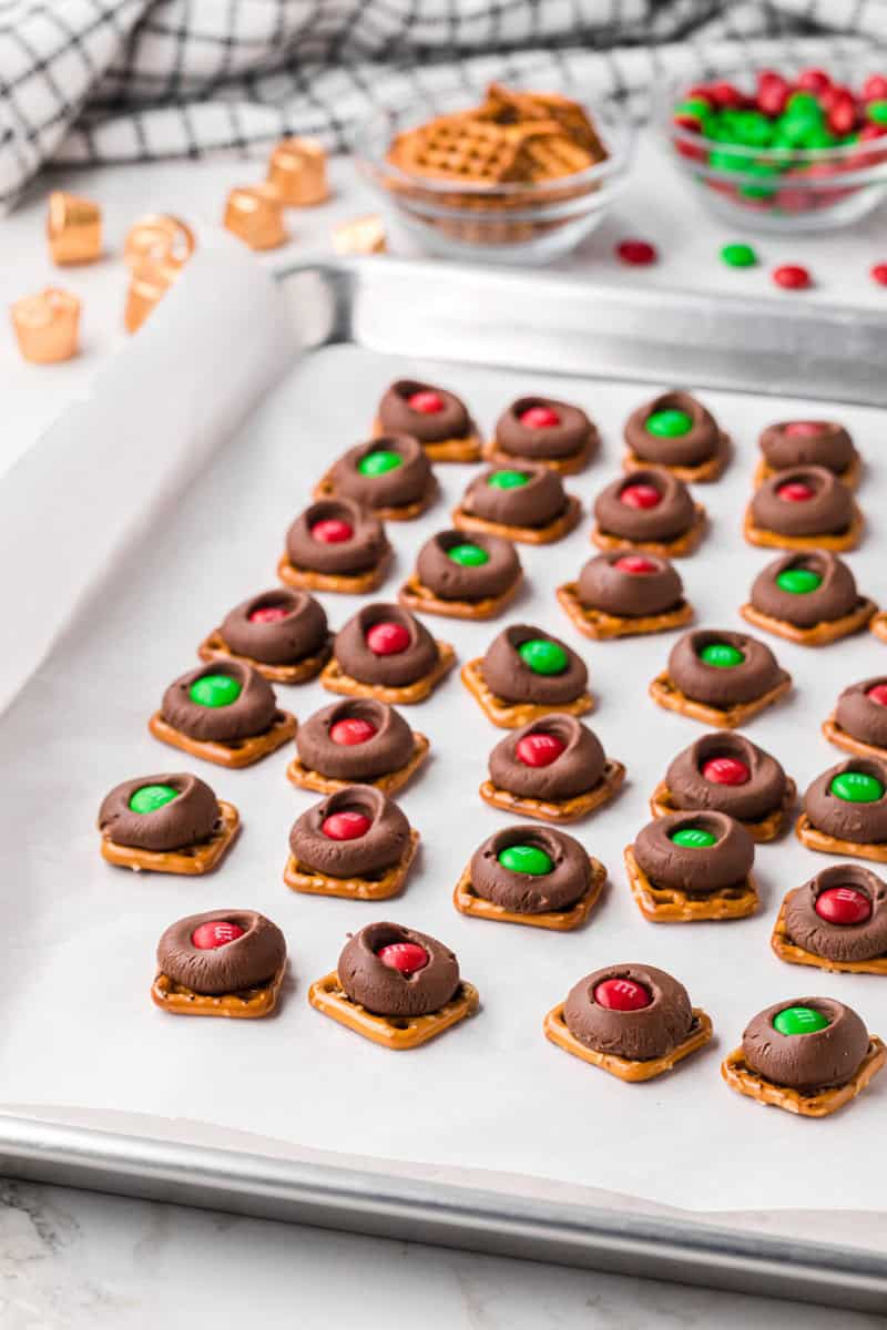 closeup of the Rolo Pretzels setting on the baking sheet.