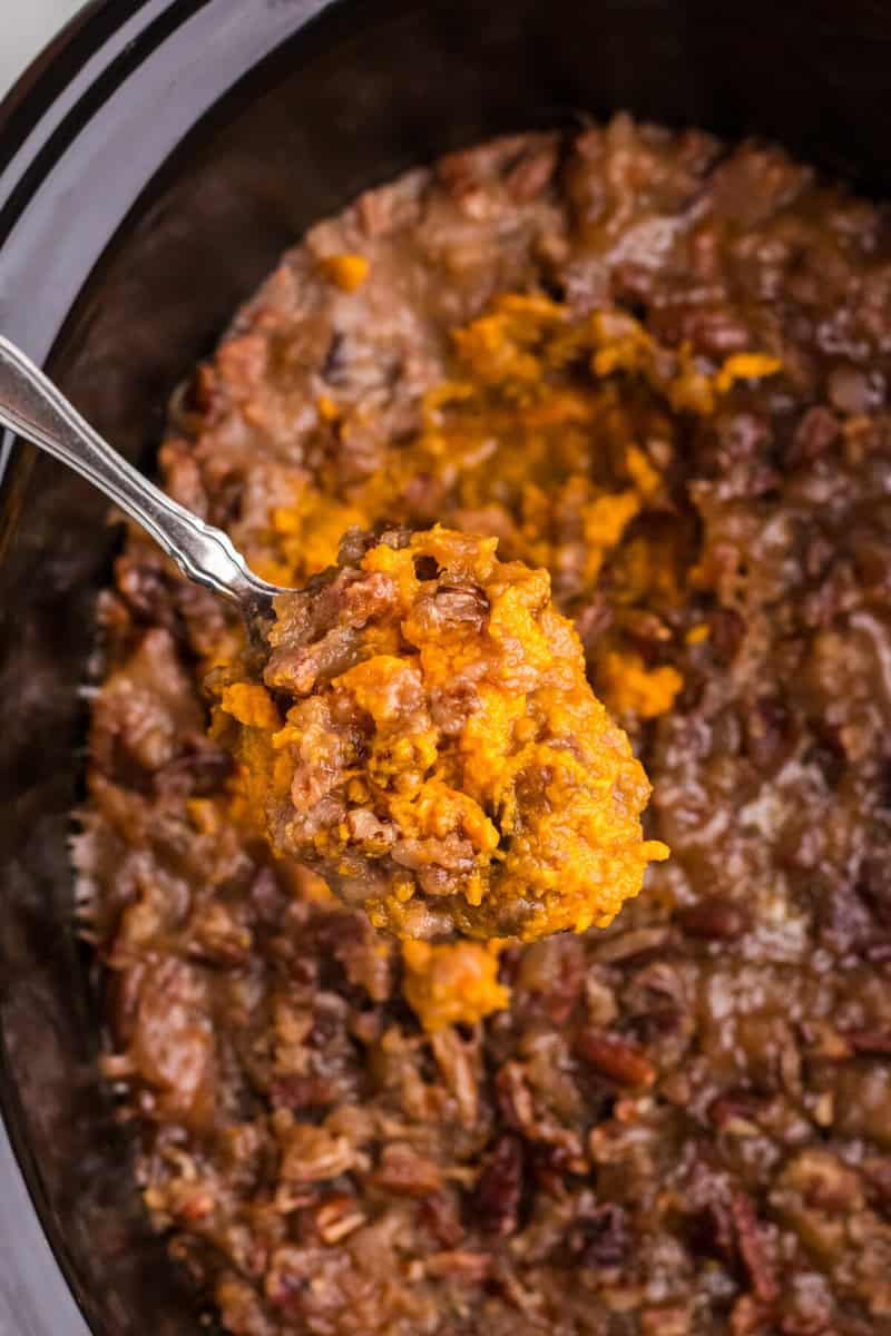 serving the sweet potato casserole out of the slow cooker.