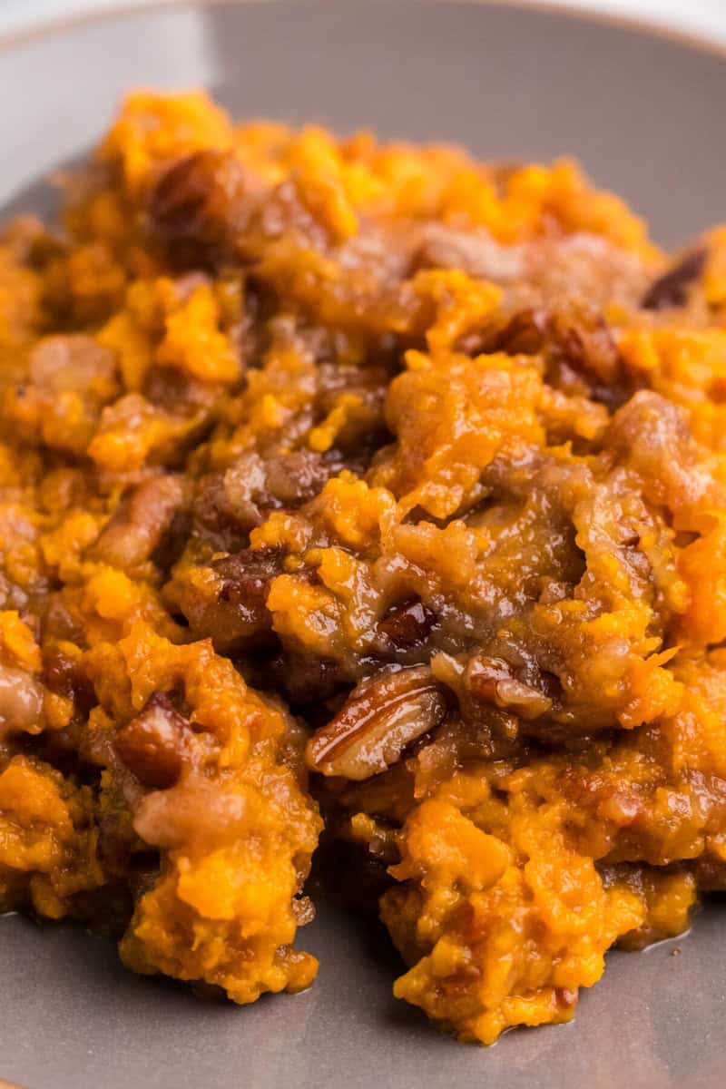 closeup of the sweet potato casserole on a plate.