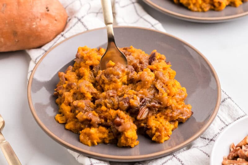 closeup of the sweet potato casserole served on a plate.
