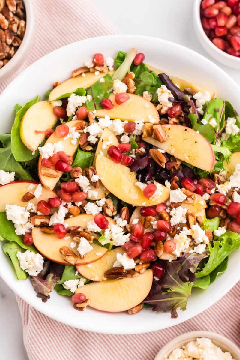 top-down view of Thanksgiving Salad served in a large white bowl.