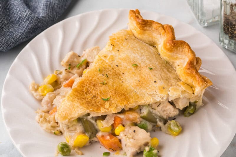 slice of the Turkey Pot Pie served on a white plate.