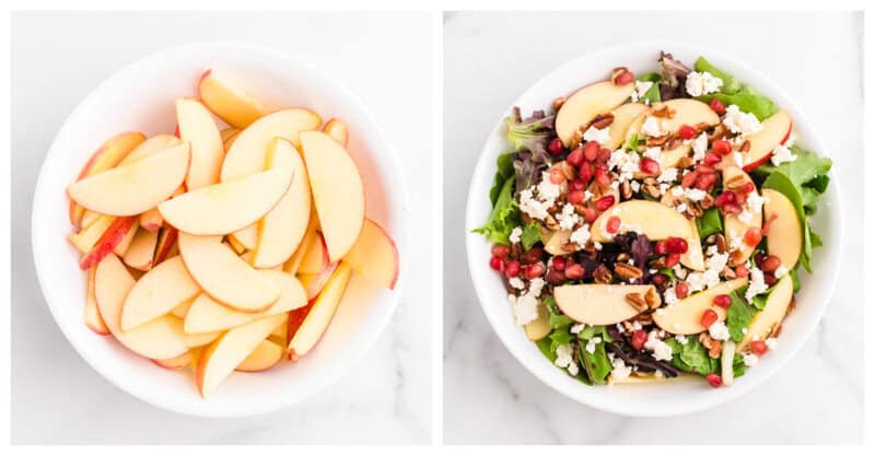 sliced apples in a bowl and salad made in another bowl.