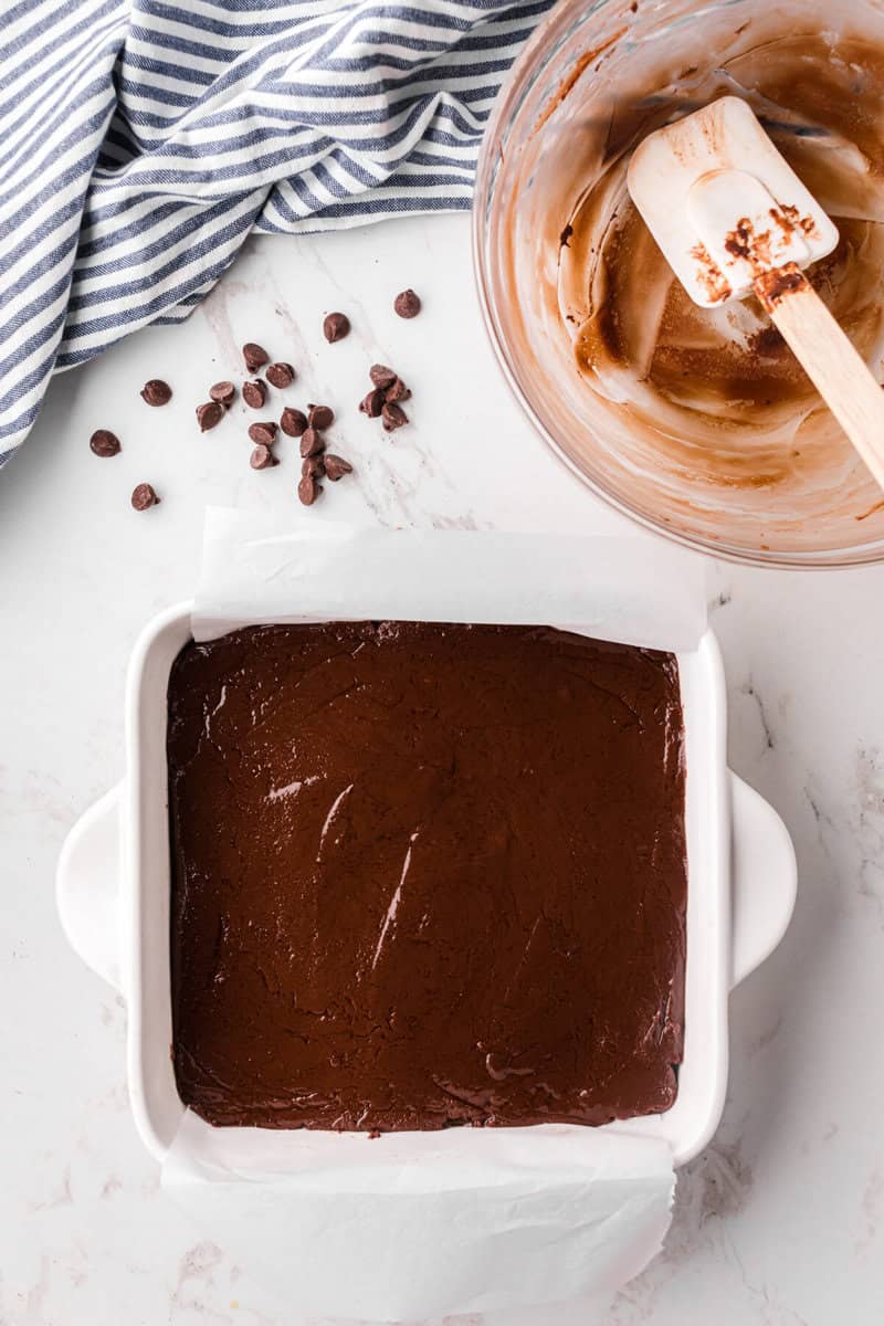 chocolate fudge spread into dish to set.