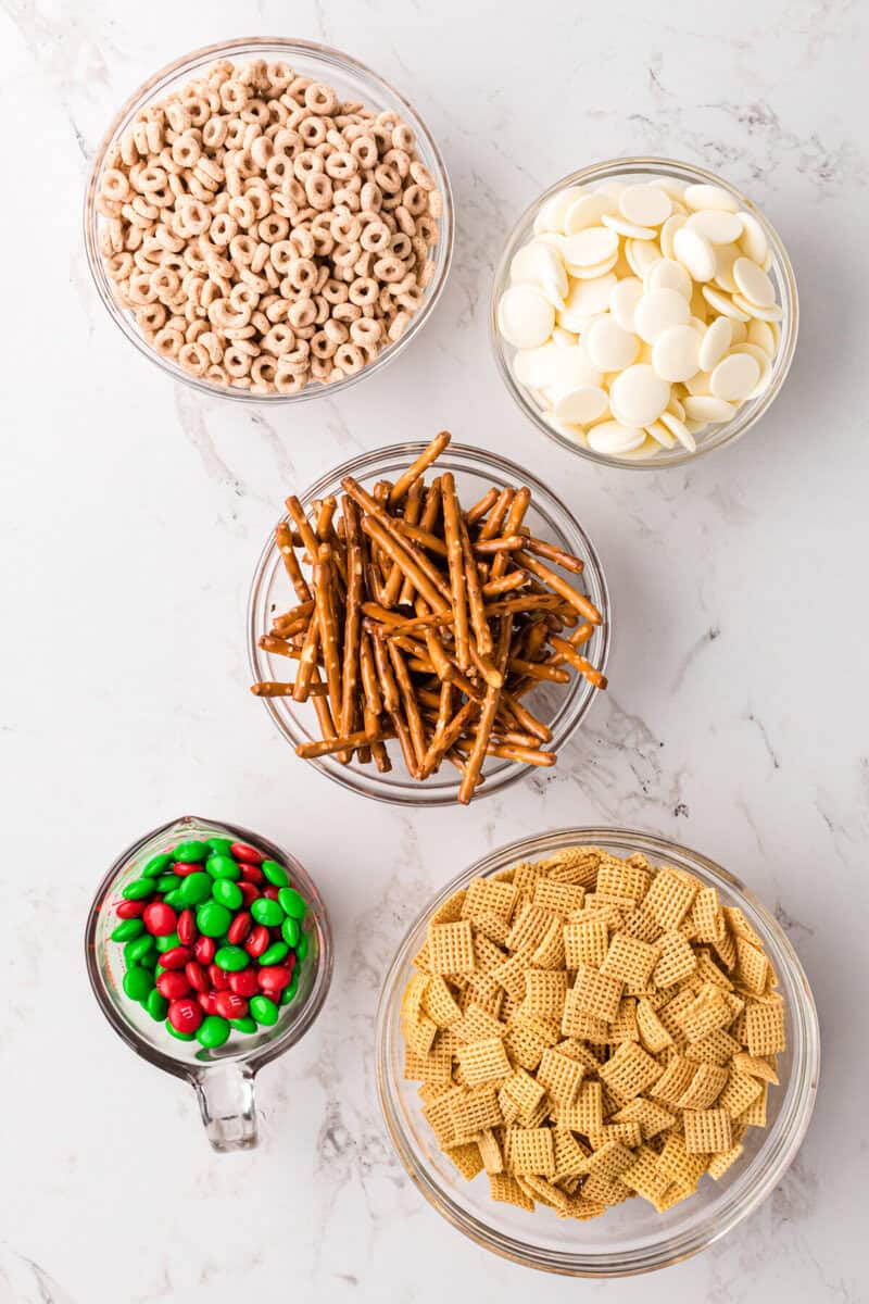 ingredients for the Christmas Chex Mix.