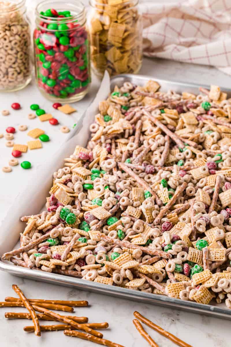 Christmas Chex Mix on large baking sheet.