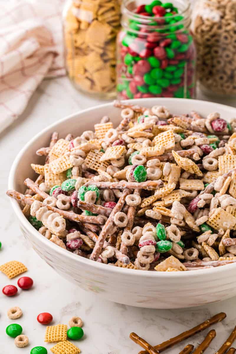 closeup of the Christmas Chex Mix in the large white serving bowl.