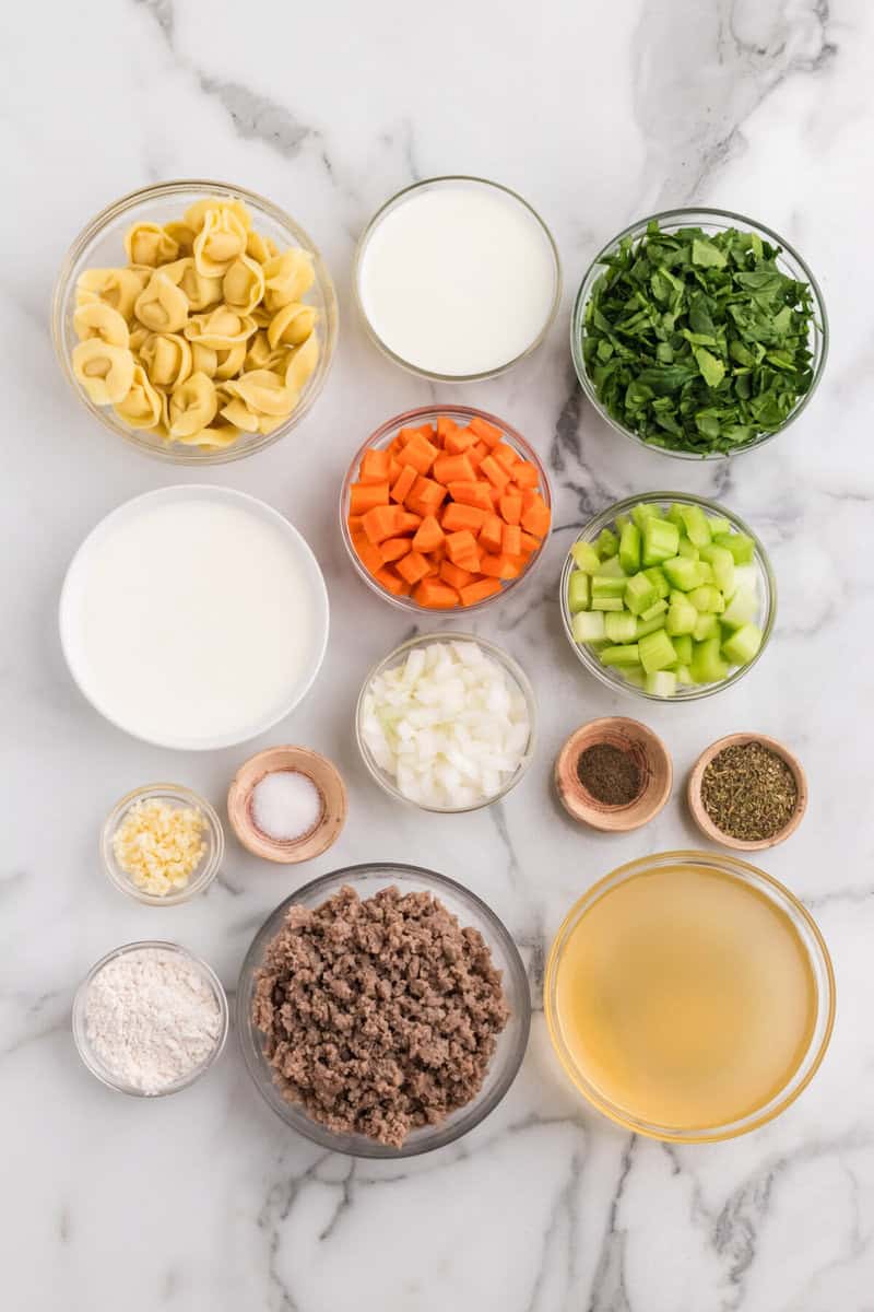 ingredients for the creamy sausage tortellini soup.