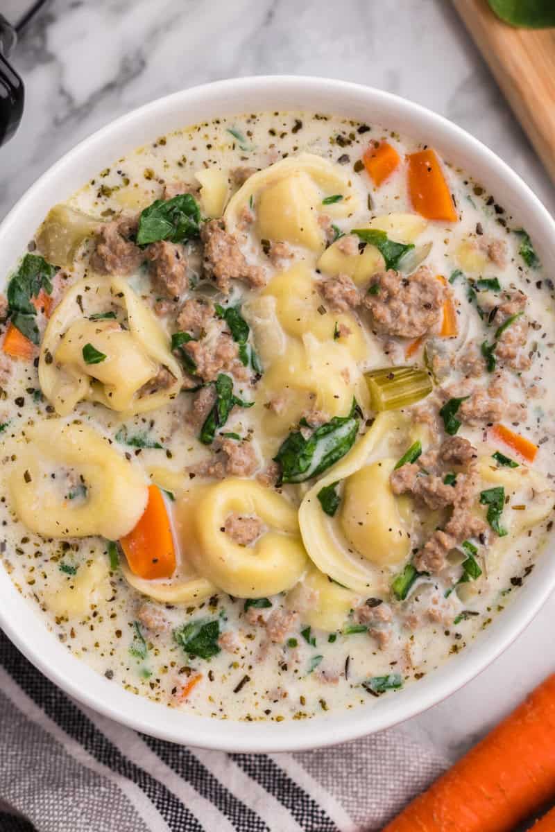 closeup of the soup in a white bowl.