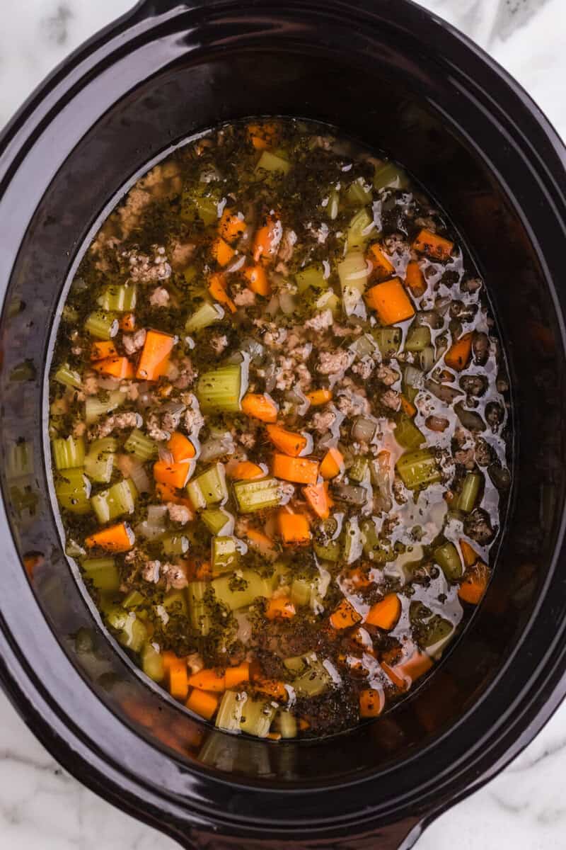 ingredients for the soup in the slow cooker.