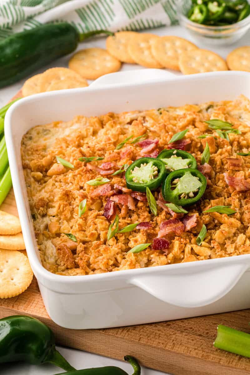 closeup of the Jalapeno Popper Dip in a white casserole dish.