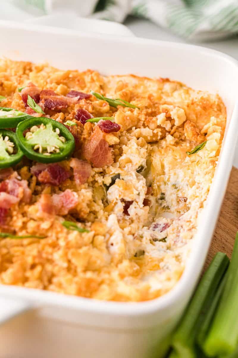 closeup of the Jalapeno Popper dip in white casserole dish.