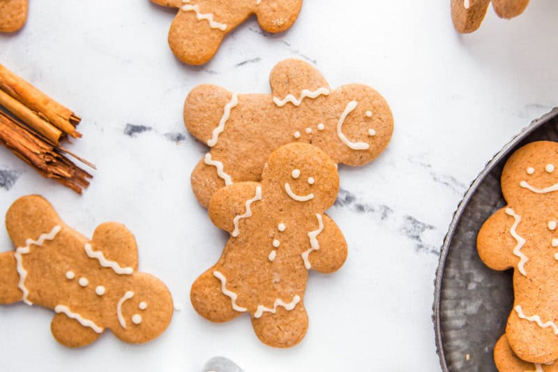 Gingerbread cookies on a marble countertop.