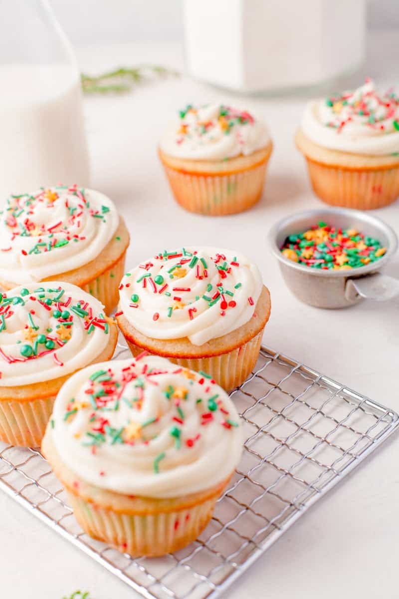 closeup of the Christmas Cupcakes decorated on a wire rack.