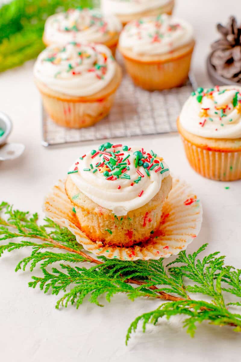 closeup of a Christmas Cupcake unwrapped from the cupcake liner.