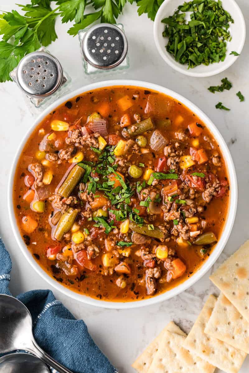 large bowl of the vegetable beef soup.