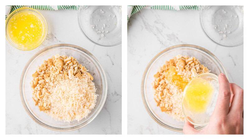 mixing the ingredients for the topping in a glass bowl.
