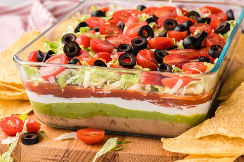 closeup of the 7 Layer Dip in the casserole dish.