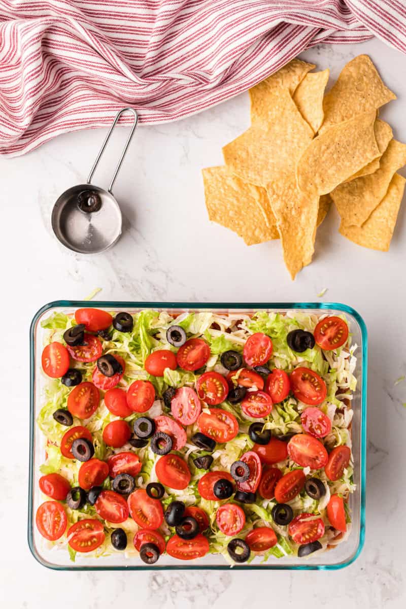 top-down view of the finished 7 Layer Dip.