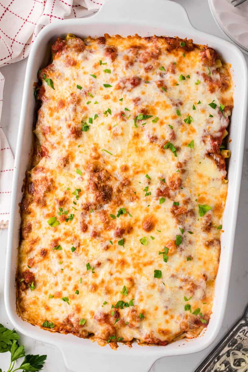 top-down view of the Baked Ziti in the baking dish.