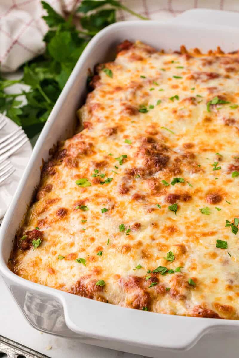 closeup of the finished Baked Ziti in the baking dish.
