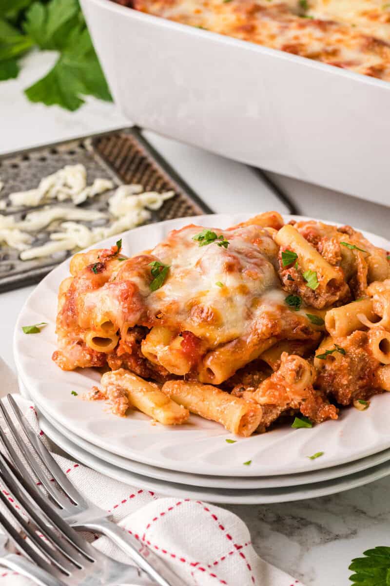 Baked Ziti served on a white plate.