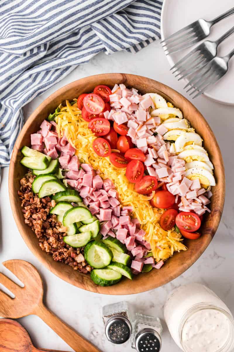 finished Chef Salad built in the wooden bowl.