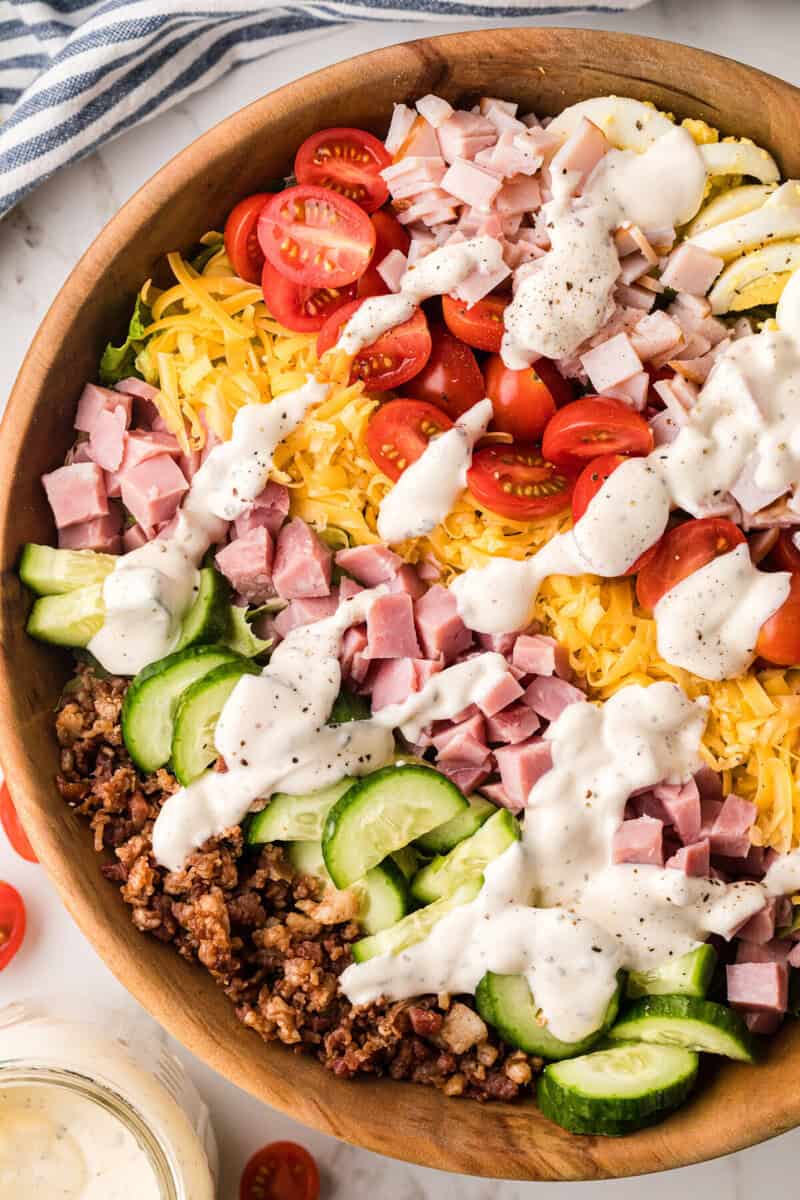 closeup view of the Chef Salad in a large wooden bowl.