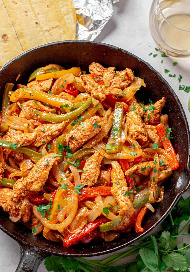 Closeup of the Chicken Fajitas in the skillet.