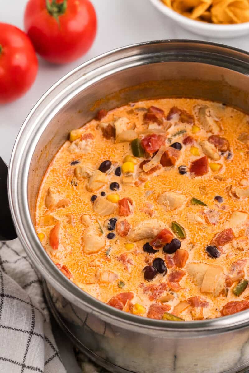 closeup of the Creamy Chicken Tortilla Soup in the soup pot.