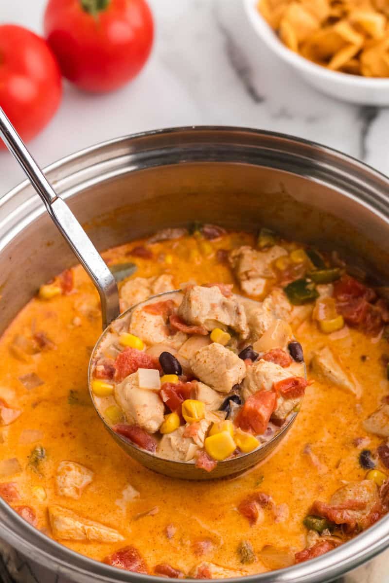 using a ladle to serve the soup out of the pot.