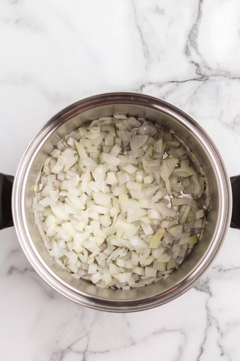 cooking the onions in the soup pot.