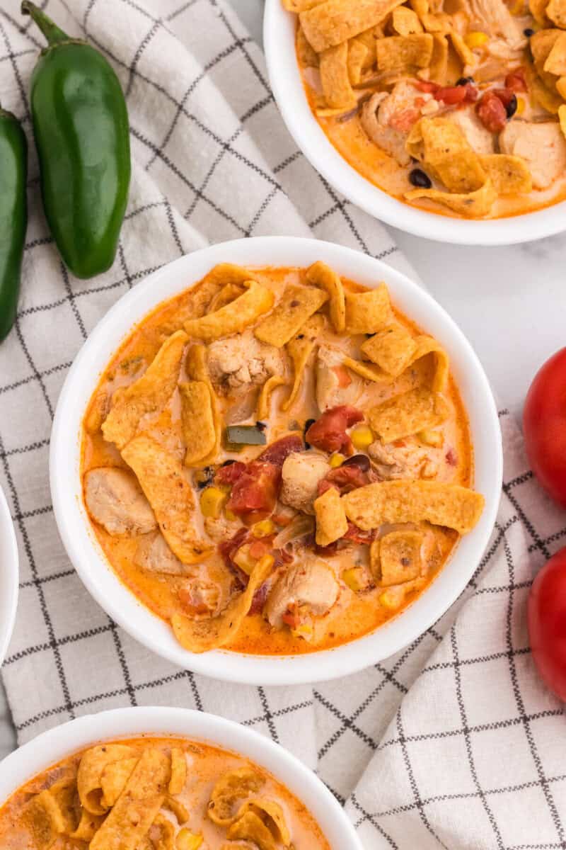 three bowls of the Creamy chicken Tortilla Soup.