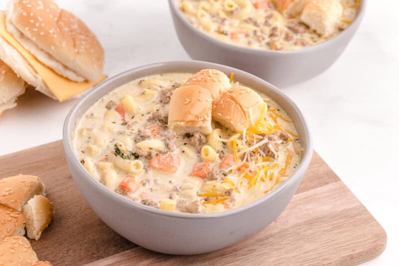 closeup of a bowl of the Cheeseburger Soup.