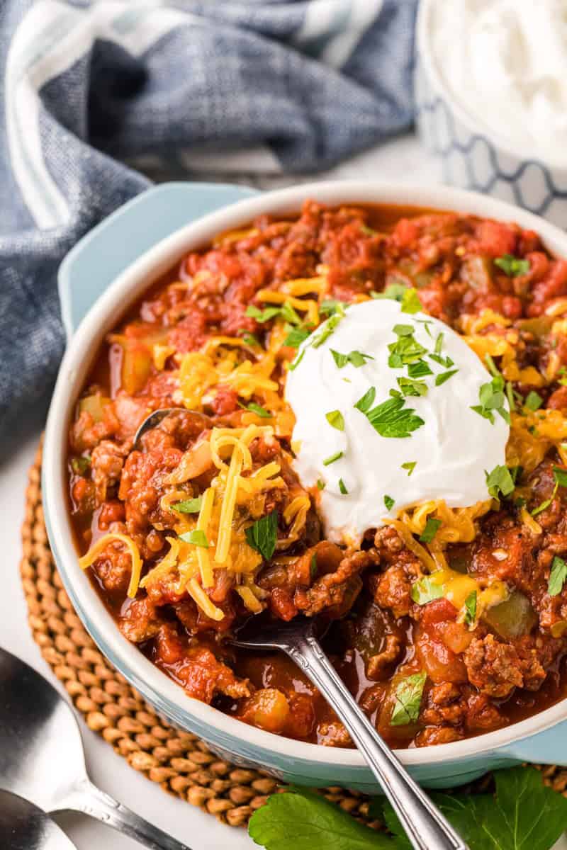 closeup of the No Bean Chili served in a white bowl.