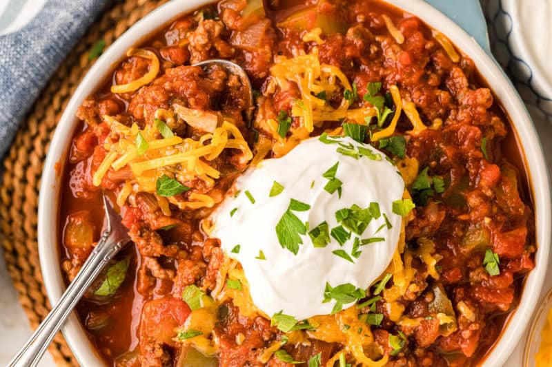 top-down view of the No Bean Chili in a white bowl.