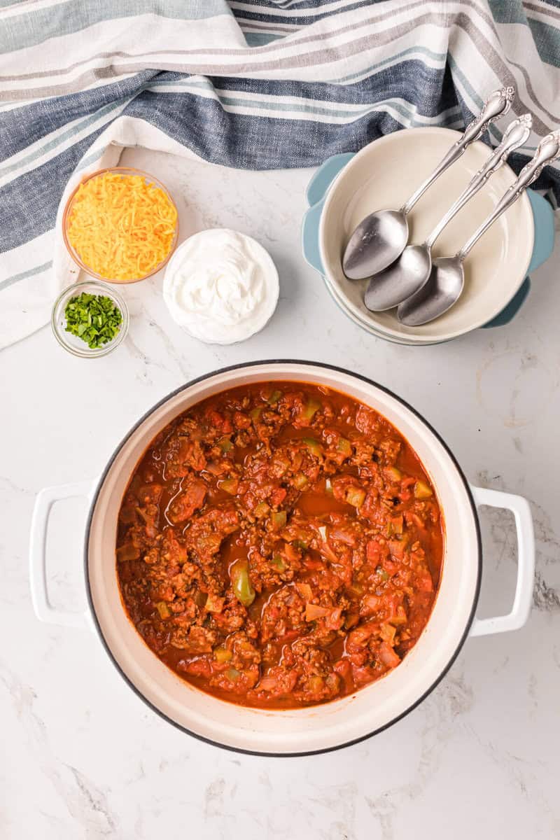No Bean Chili cooked in large pot.
